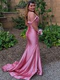 Pretty V Neck Pink Satin Mermaid Sleeveless Long Prom Dress HZ1121