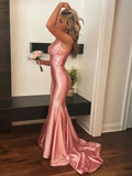 Pretty V Neck Pink Satin Mermaid Sleeveless Long Prom Dress HZ1121