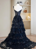 Sexy A-Line Tulle Sequin Black Long Prom Dresses, Black Sequin Long Formal Dress HZ1121