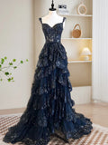 Sexy A-Line Tulle Sequin Black Long Prom Dresses, Black Sequin Long Formal Dress HZ1121