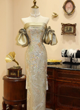 Elegant Sheath Off-the-shoulder Long Evening Gowns Satin Embroidered Applique Beading Special Formal Dresses Prom Dresses HZ1121