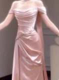 Elegant Sheath Off-the-shoulder Long Evening Gowns Satin Pink Special Formal Dresses Prom Dresses HZ1121