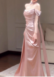 Elegant Sheath Off-the-shoulder Long Evening Gowns Satin Pink Special Formal Dresses Prom Dresses HZ1121