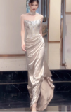 Elegant Sheath Strapless Evening Gown Satin Champagne Formal Dress Sequin Long Prom Dresses HZ1121