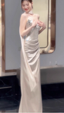 Elegant Sheath Strapless Evening Gown Satin Champagne Formal Dress Sequin Long Prom Dresses HZ1121