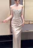 Elegant Sheath Strapless Evening Gown Satin Champagne Formal Dress Sequin Long Prom Dresses HZ1121