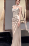 Elegant Sheath Strapless Evening Gown Satin Champagne Formal Dress Sequin Long Prom Dresses HZ1121