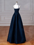 Sexy Simple A-Line Dark Blue Satin Long Prom Dress, Dark Blue Long Formal Dress HZ1121