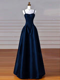 Sexy Simple A-Line Dark Blue Satin Long Prom Dress, Dark Blue Long Formal Dress HZ1121