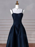 Sexy Simple A-Line Dark Blue Satin Long Prom Dress, Dark Blue Long Formal Dress HZ1121