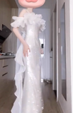 Stunning Sheath Spaghetti Strap Evening Gown White Formal Dress Sparkly Sequin Birthday Dress HZ1121