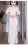 Stunning Sheath Spaghetti Strap Evening Gown White Formal Dress Sparkly Sequin Birthday Dress HZ1121