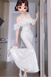 Stunning Sheath Spaghetti Strap Evening Gown White Formal Dress Sparkly Sequin Birthday Dress HZ1121
