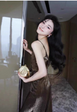 Modest Sheath Spaghetti Strap Long Evening Gown Brown Velvet Formal Dress Elegant Slit Prom Dress HZ1121