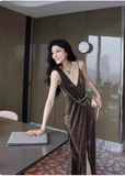 Modest Sheath Spaghetti Strap Long Evening Gown Brown Velvet Formal Dress Elegant Slit Prom Dress HZ1121
