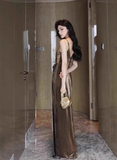 Modest Sheath Spaghetti Strap Long Evening Gown Brown Velvet Formal Dress Elegant Slit Prom Dress HZ1121