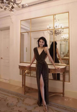 Modest Sheath Spaghetti Strap Long Evening Gown Brown Velvet Formal Dress Elegant Slit Prom Dress HZ1121
