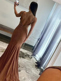 Pretty Mermaid Deep V-Neck Beaded Satin Long Prom Dresses HZ1121