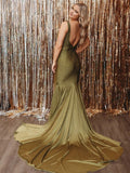 Pretty Mermaid Deep V-Neck Beaded Satin Long Prom Dresses HZ1121