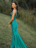 Pretty Mermaid Deep V-Neck Beaded Satin Long Prom Dresses HZ1121