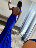 Pretty Mermaid Deep V-Neck Beaded Satin Black Long Prom Dresses HZ1121