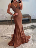 Pretty Mermaid Deep V-Neck Beaded Satin Black Long Prom Dresses HZ1121