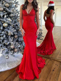Pretty Mermaid Deep V-Neck Beaded Satin Black Long Prom Dresses HZ1121