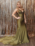 Pretty Mermaid Deep V-Neck Beaded Satin Black Long Prom Dresses HZ1121