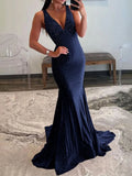 Pretty Mermaid Deep V-Neck Beaded Satin Long Prom Dresses HZ1121