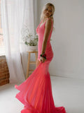Pretty Mermaid Deep V-Neck Beaded Satin Black Long Prom Dresses HZ1121