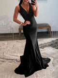 Pretty Mermaid Deep V-Neck Beaded Satin Black Long Prom Dresses HZ1121