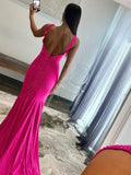 Pretty Mermaid Deep V-Neck Beaded Satin Long Prom Dresses HZ1121