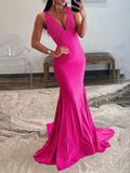 Pretty Mermaid Deep V-Neck Beaded Satin Black Long Prom Dresses HZ1121