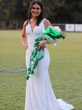 Pretty Mermaid Deep V-Neck Beaded Satin Long Prom Dresses HZ1121