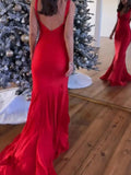 Pretty Mermaid Deep V-Neck Beaded Satin Long Prom Dresses HZ1121