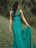 Pretty Mermaid Deep V-Neck Beaded Satin Long Prom Dresses HZ1121