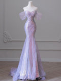 Sexy Purple Laser Sequin Beaded Mermaid Women Evening Dress with Puff Sleeves Tassel Pearls Tulle Train Prom Gown Formal Dress HZ1121