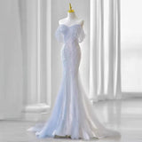 Sexy Purple Laser Sequin Beaded Mermaid Women Evening Dress with Puff Sleeves Tassel Pearls Tulle Train Prom Gown Formal Dress HZ1121