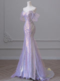 Sexy Purple Laser Sequin Beaded Mermaid Women Evening Dress with Puff Sleeves Tassel Pearls Tulle Train Prom Gown Formal Dress HZ1121