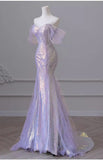 Sexy Purple Laser Sequin Beaded Mermaid Women Evening Dress with Puff Sleeves Tassel Pearls Tulle Train Prom Gown Formal Dress HZ1121