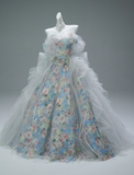 Elegant Ball Gown Off-the-shoulder Light Grey Tulle Beaded Print Long Quinceanera Dress Formal Gowns Vestido De 15 Anos Sweet 16 Dress HZ1121