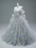 Elegant Ball Gown Off-the-shoulder Light Grey Tulle Beaded Print Long Quinceanera Dress Formal Gowns Vestido De 15 Anos Sweet 16 Dress HZ1121