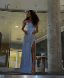 Sparkly Blue Sequins Sheath Evening Party Dress with High Slit Long Prom Dress Formal Dress HZ1121