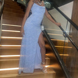 Sparkly Blue Sequins Sheath Evening Party Dress with High Slit Long Prom Dress Formal Dress HZ1121
