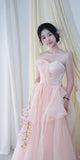 Fairy Sweetheart Neck A-line Blush Pink Satin Tulle Long Evening Dress Birthday Formal Dress HZ1121