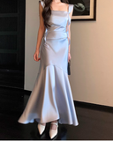 Elegant Spaghetti Strap Mermaid Satin Long Formal Evening Dress Cute Graduation Dress HZ1121