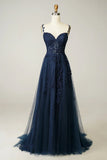 Sexy A Line Spaghetti Straps Navy Prom Dress with Appliques Formal Dress HZ1121