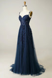 Sexy A Line Spaghetti Straps Navy Prom Dress with Appliques Formal Dress HZ1121