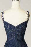Sexy A Line Spaghetti Straps Navy Prom Dress with Appliques Formal Dress HZ1121