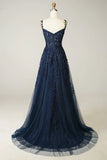 Sexy A Line Spaghetti Straps Navy Prom Dress with Appliques Formal Dress HZ1121